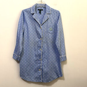 LRL Sleep Shirt M Blue Flannel Polka Dot Lauren Ralph Lauren Soft Logo Lounge